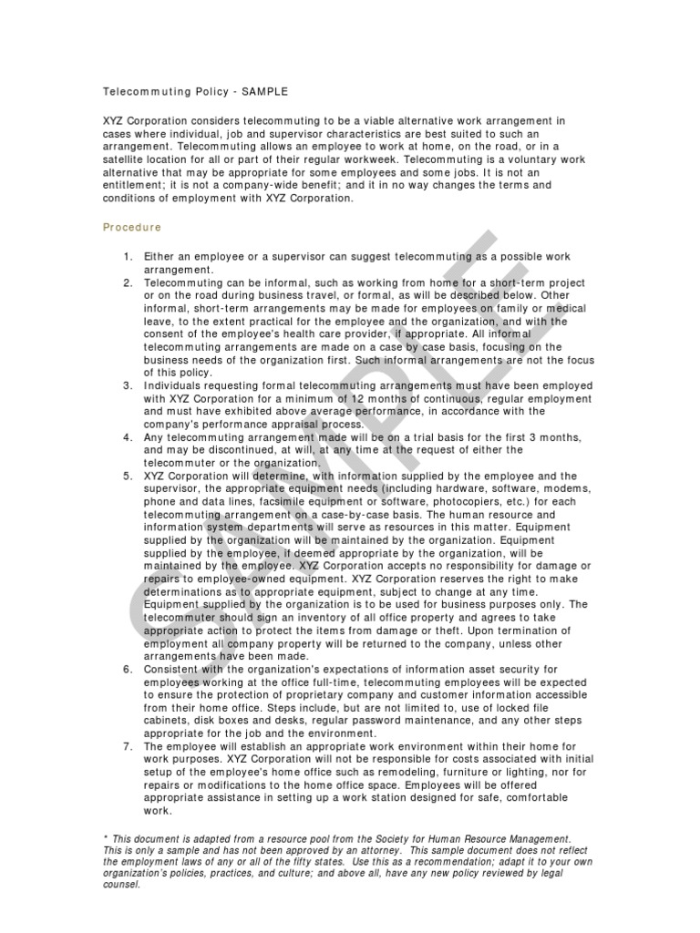 Telecommuting Policy - SAMPLE: Procedure | PDF | Telecommuting | Social ...