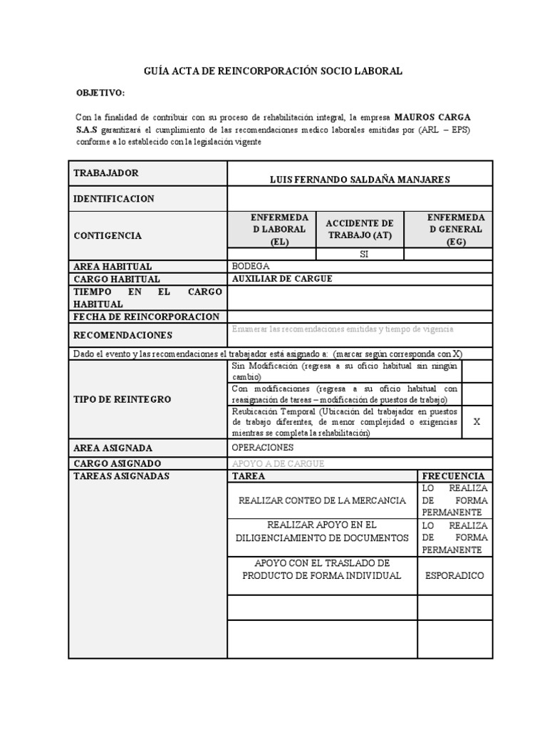 Acta de Reincorporación Laboral | PDF | Business | Labor