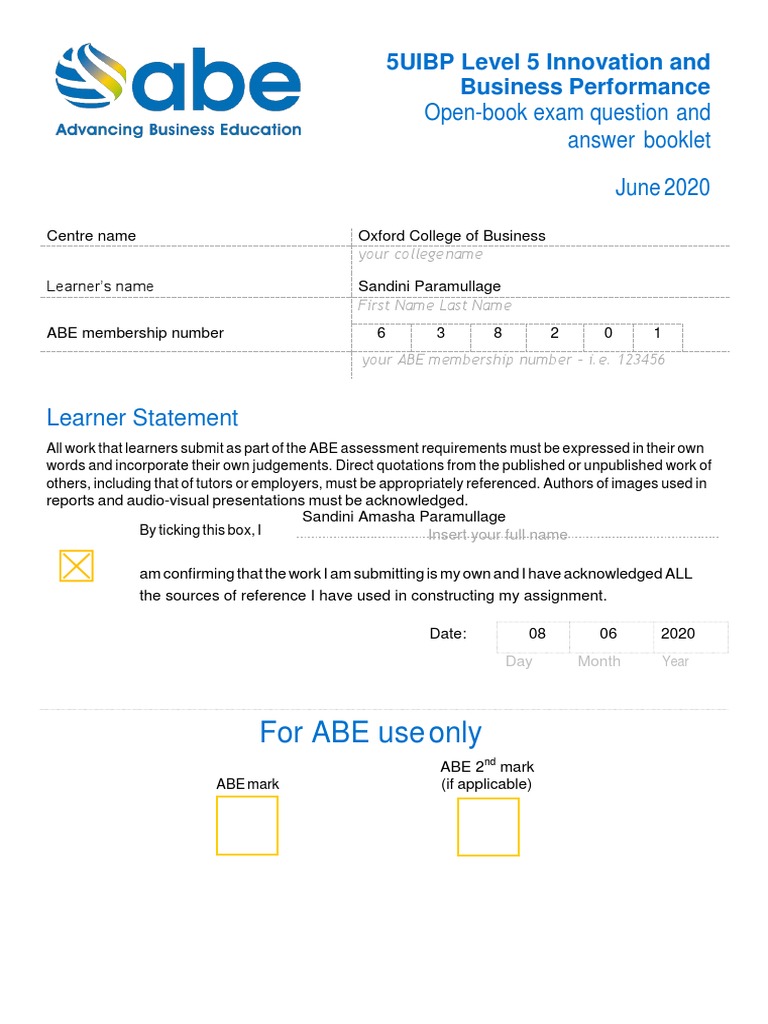 For ABE Use Only OpenBook Exam Question and Answer Booklet June 2020