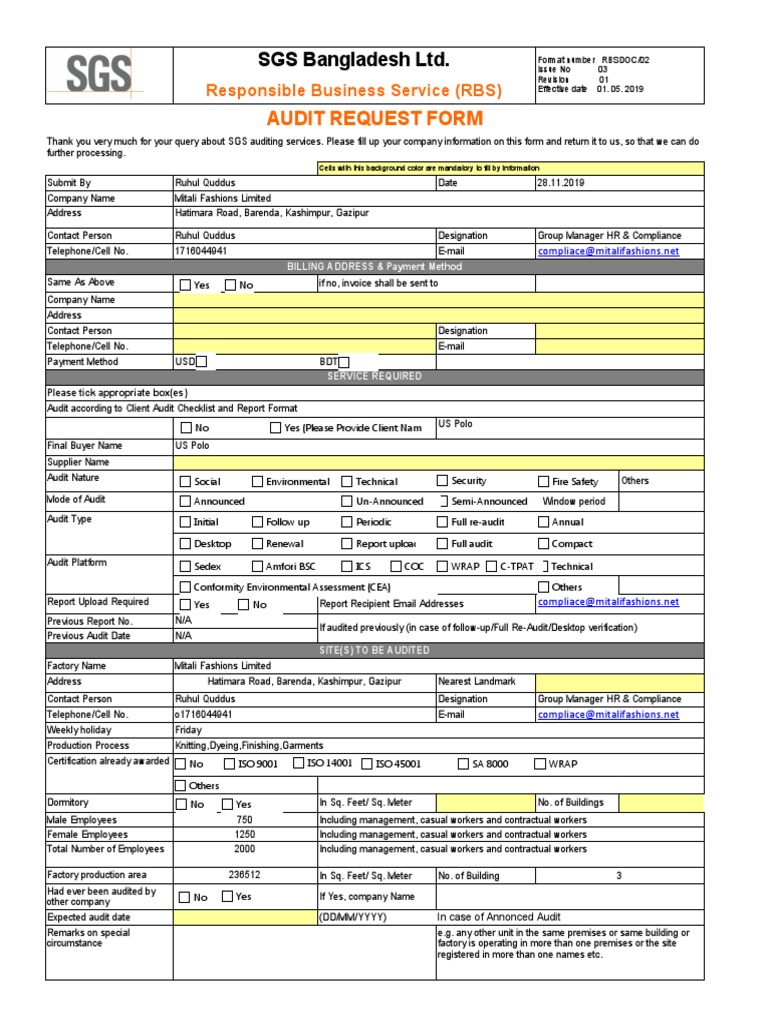 SGS Audit Request Form for Mitali Fashions | PDF | Audit | Accounting ...