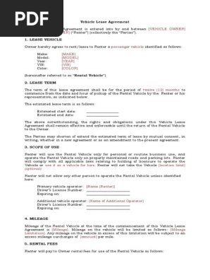 Vehicle Lease Car Rental Agreement