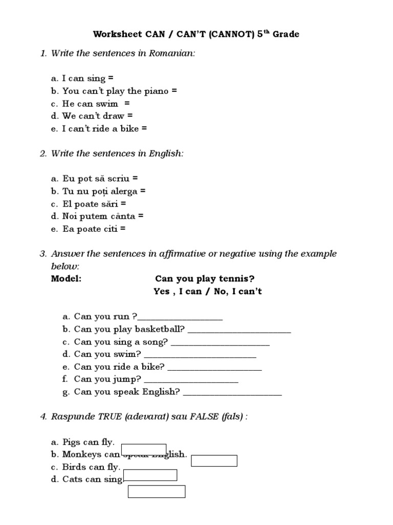 Write The Sentences in Romanian:: Worksheet CAN / CAN'T (CANNOT) 5 ...