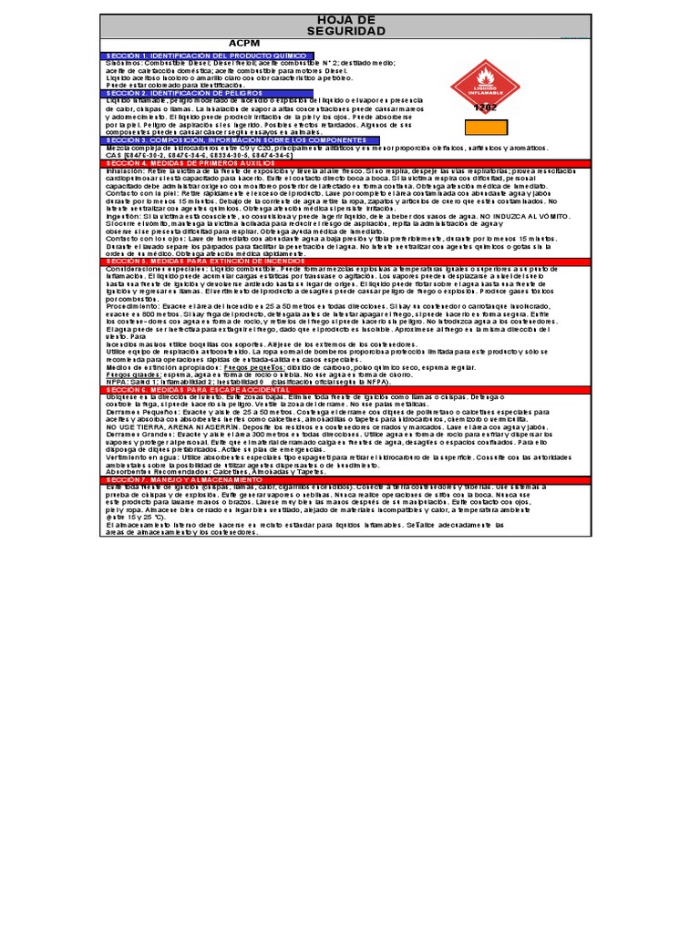 Hoja de Seguridad ACPM Actualizada | PDF | Combustible diesel | Agua