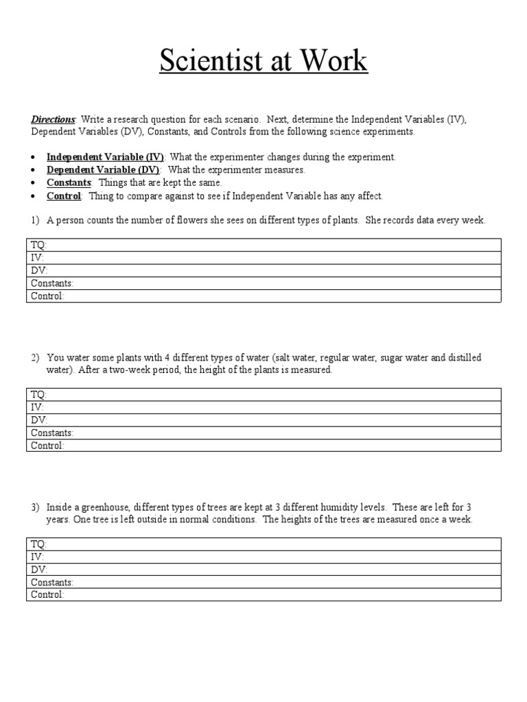 Experimental Variables Worksheet  PDF  Experiment  Dependent Throughout Dependent And Independent Variables Worksheet
