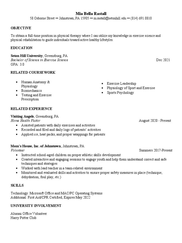 Mia Exercise Science Resume PDF
