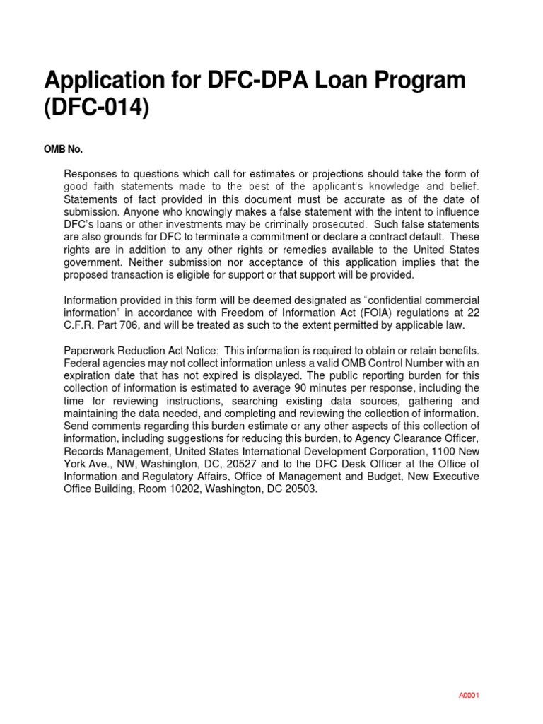 Application For Dfc Dpa Loan Program Dfc 014 Omb No Pdf