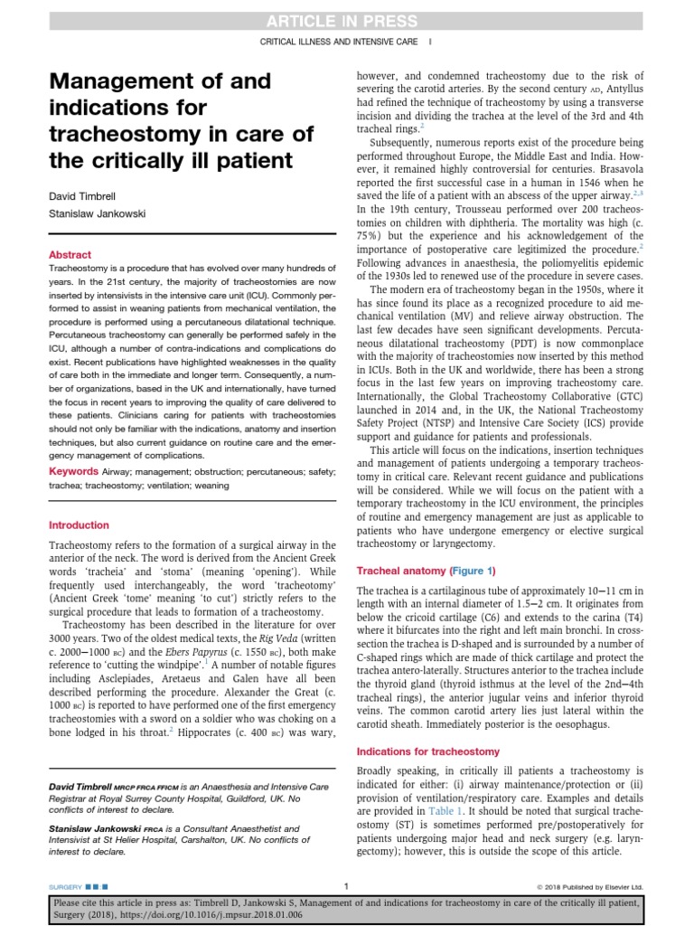 Management of and Indications For Tracheostomy in Care of The