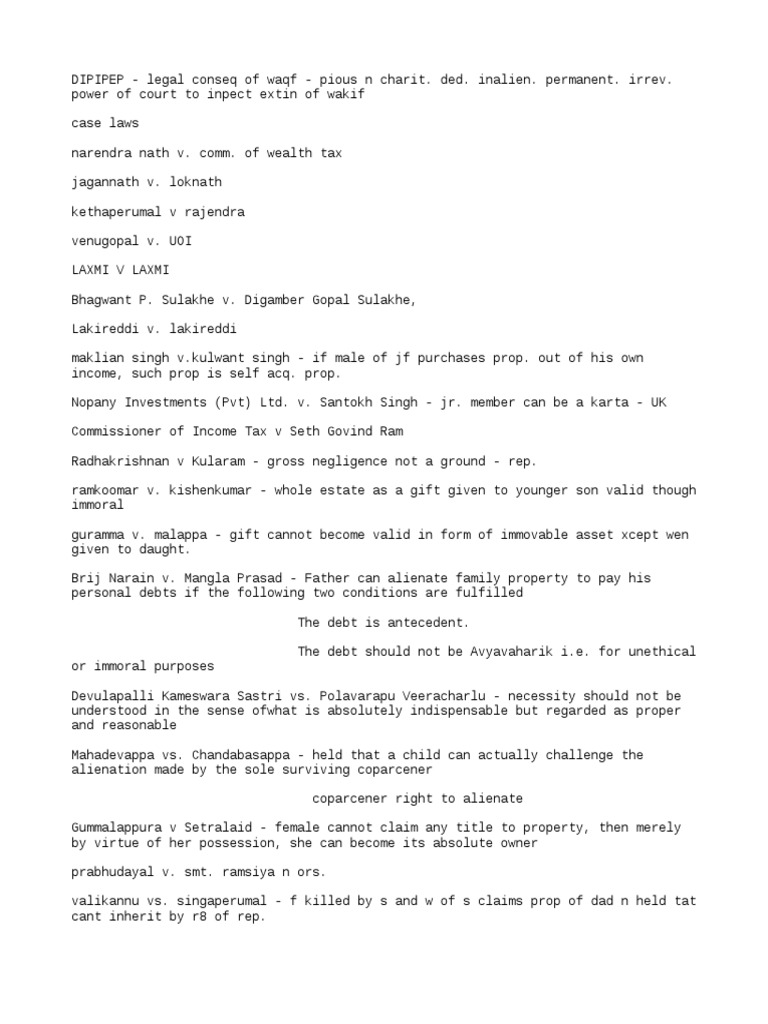 Key Case Laws and Principles Related to Waqf, Gifts, Alienation of Property, and Succession