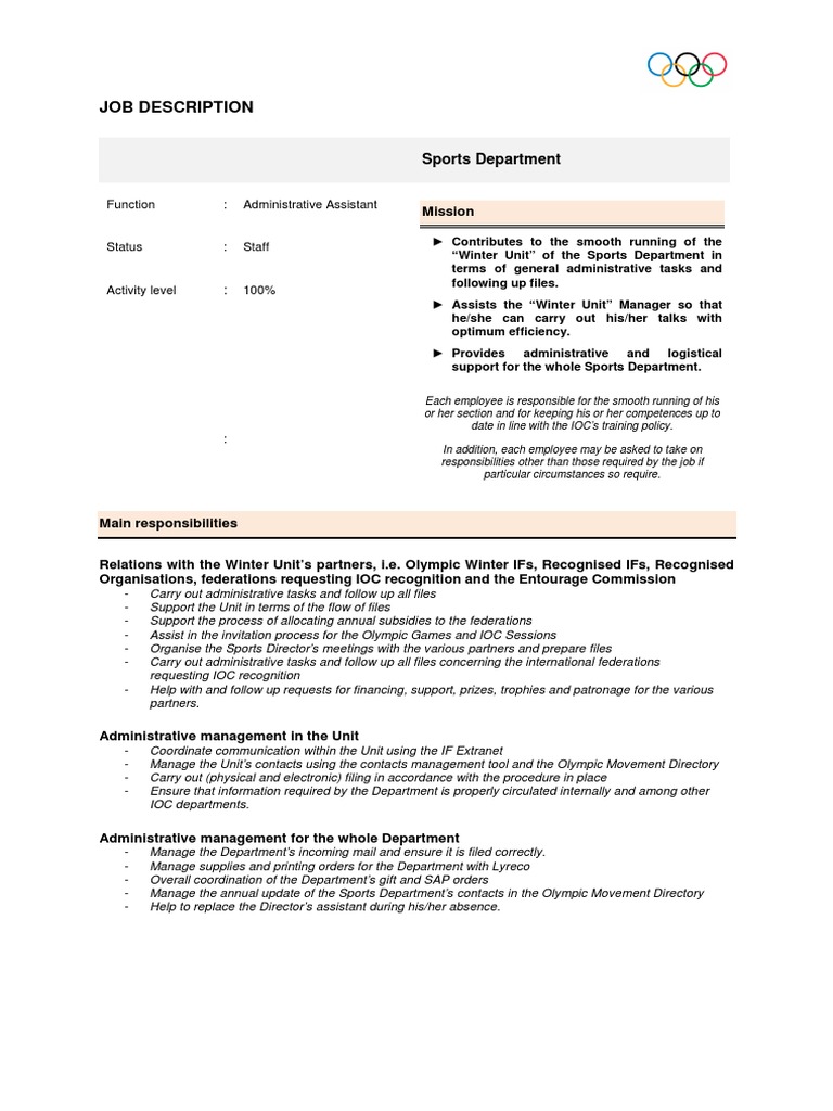 Winter Unit Administrative Assistant Role | PDF | Olympic Games ...