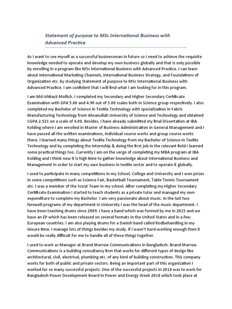 Statement of Purpose To MSC International Business With Advanced ...
