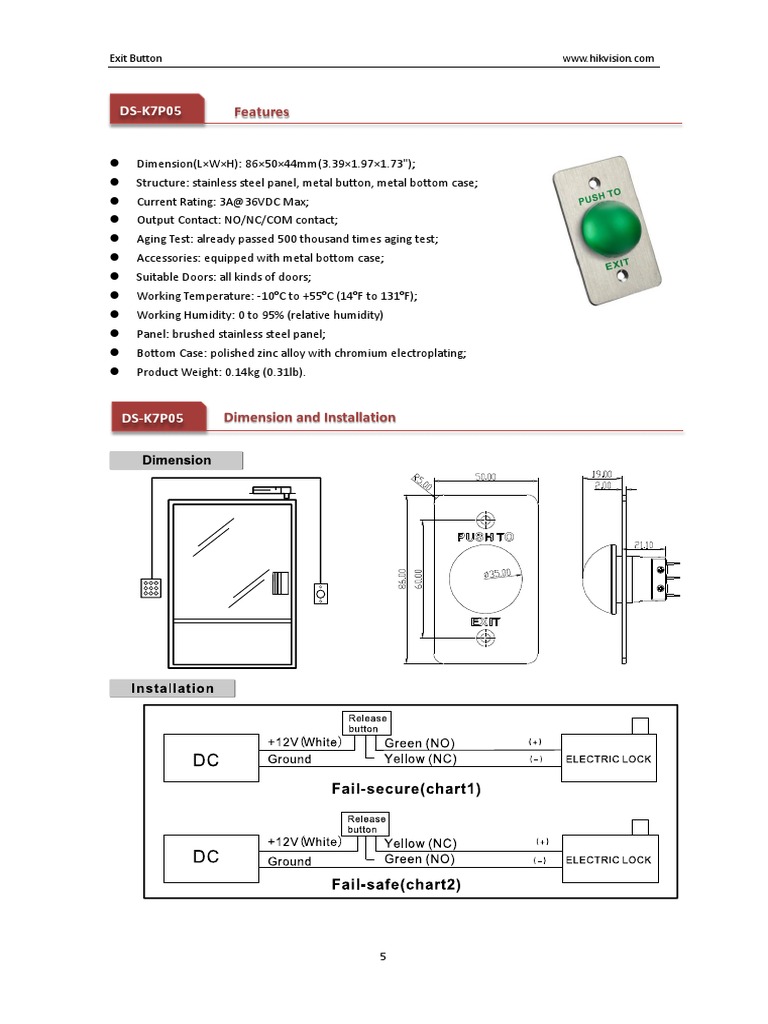 Hikvision DS-K7P05 Exit Button Specs | PDF