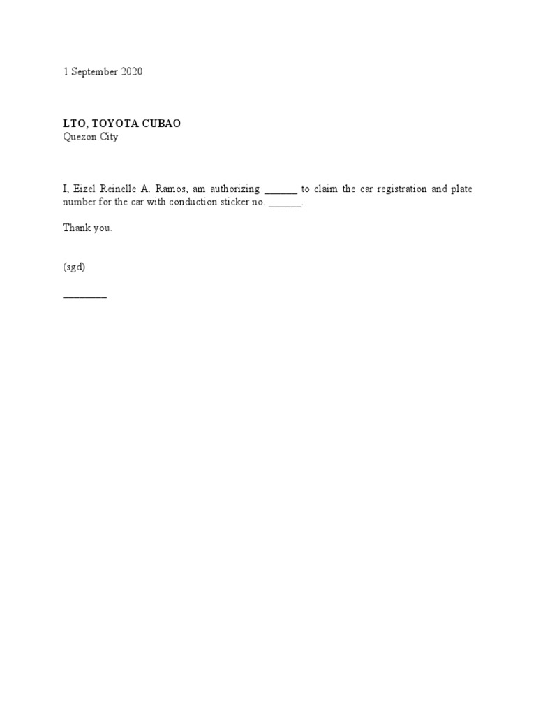 Car Registration Authorization Letter | PDF
