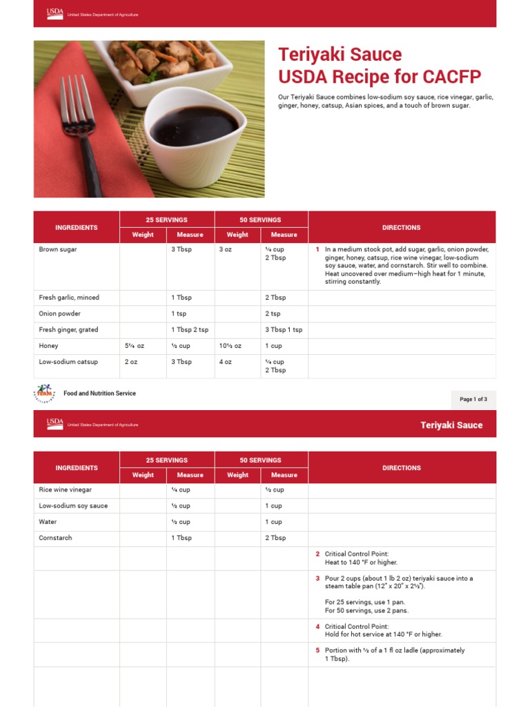 Teriyaki Sauce USDA Recipe For CACFP 25 Servings 50 Servings