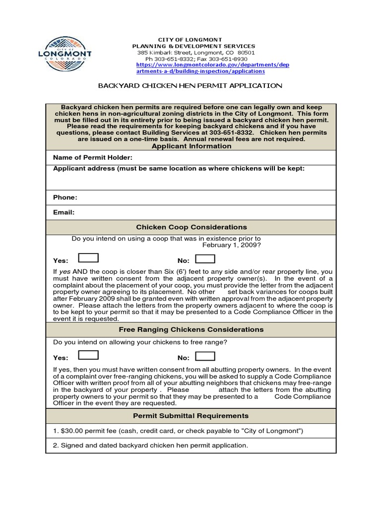 Backyard Chicken Hen Permit Application PDF Chicken Government