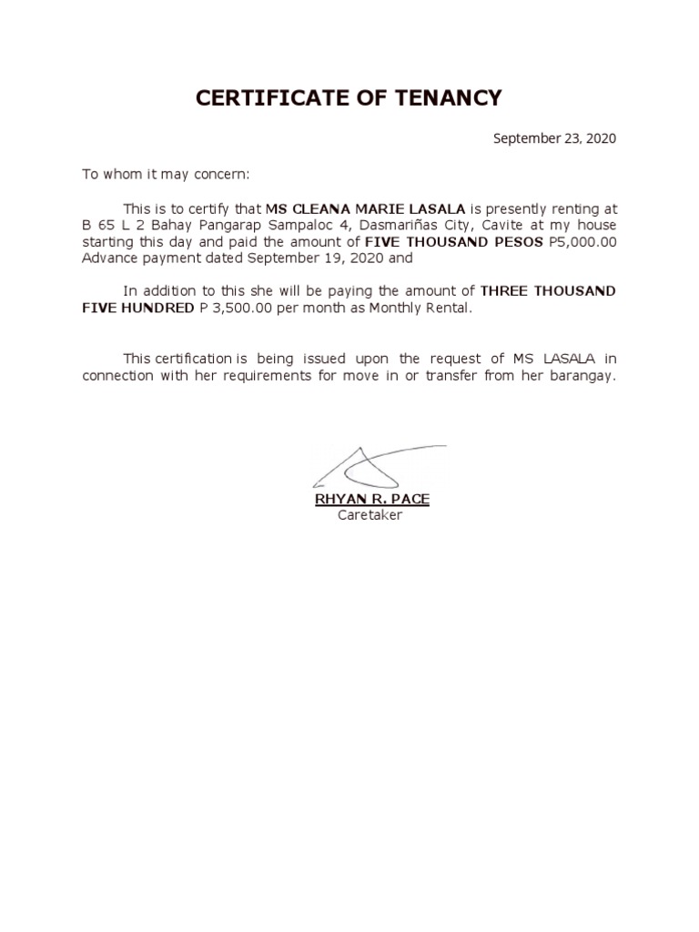 Certificate of Tenancy for MS Lasala | PDF | Law