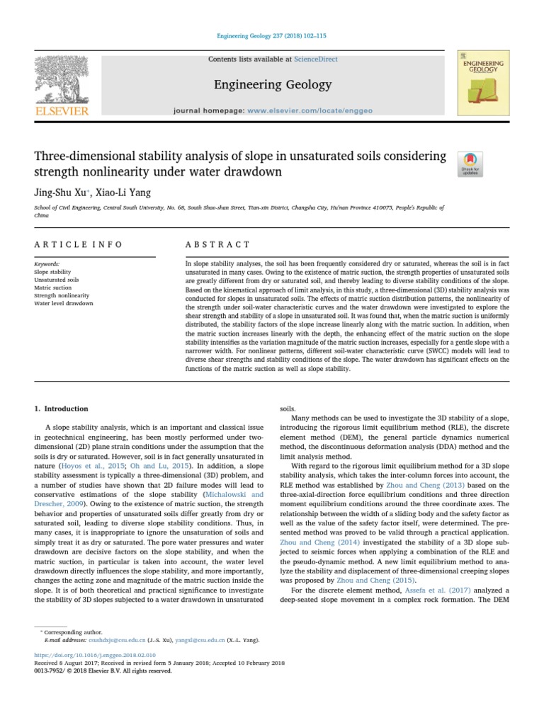 Three Dimensional Stability Analysis Of Slope In Unsaturated Soils Consideringxu18 Applied And Interdisciplinary Physics Physics