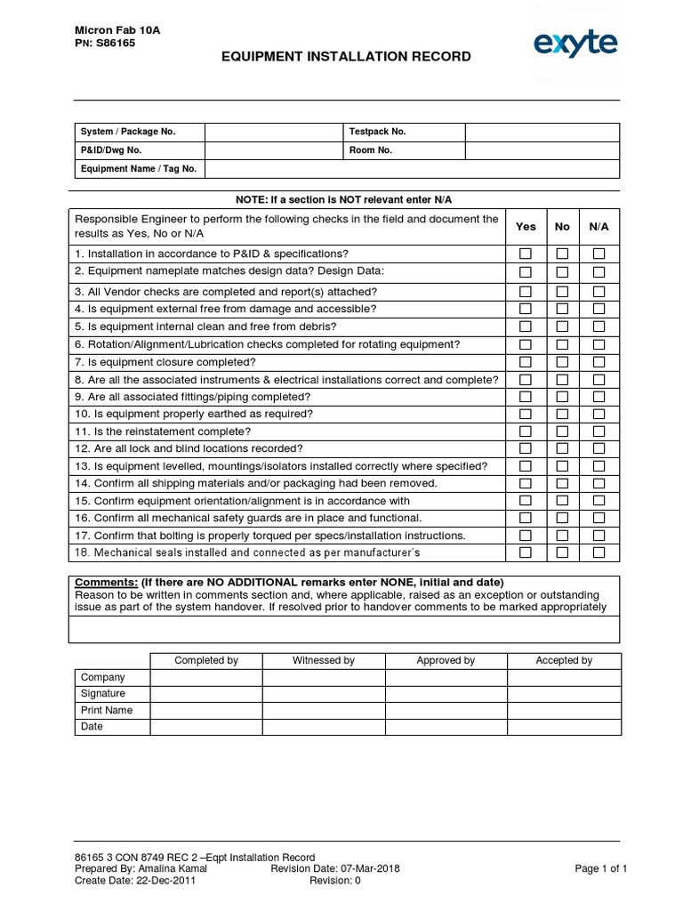 Equipment Installation Record Template | PDF
