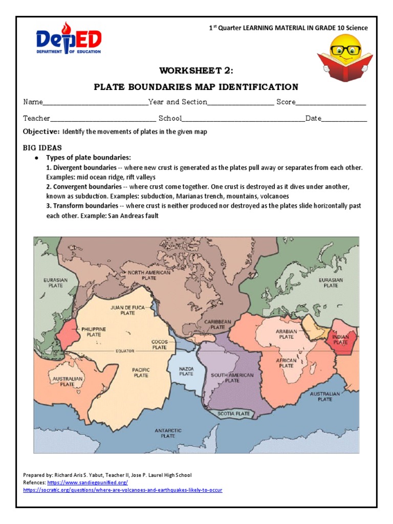 Worksheet 2 Plate Boundaries Map Identification PDF Plate