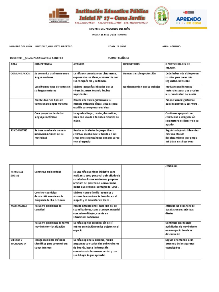 Informe Del Progreso Del Niño - Aprendo en Casa 2020 | PDF ...