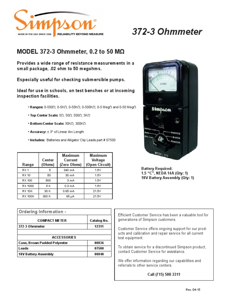 3723 Ohmmeter MODEL 3723 Ohmmeter, 0.2 To 50 M Download Free PDF