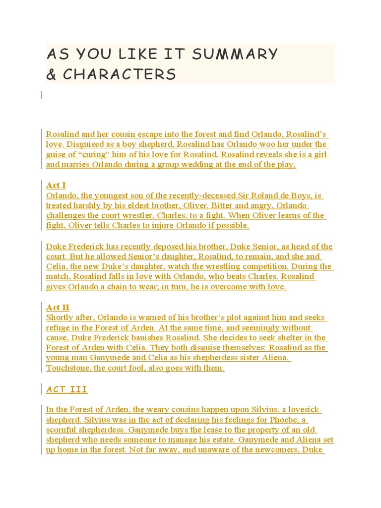 As You Like It Summary | PDF | The Merchant Of Venice | As You Like It
