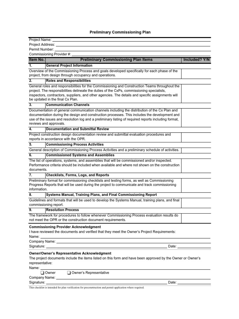 Preliminary Commissioning Plan | PDF | Documentation | Business