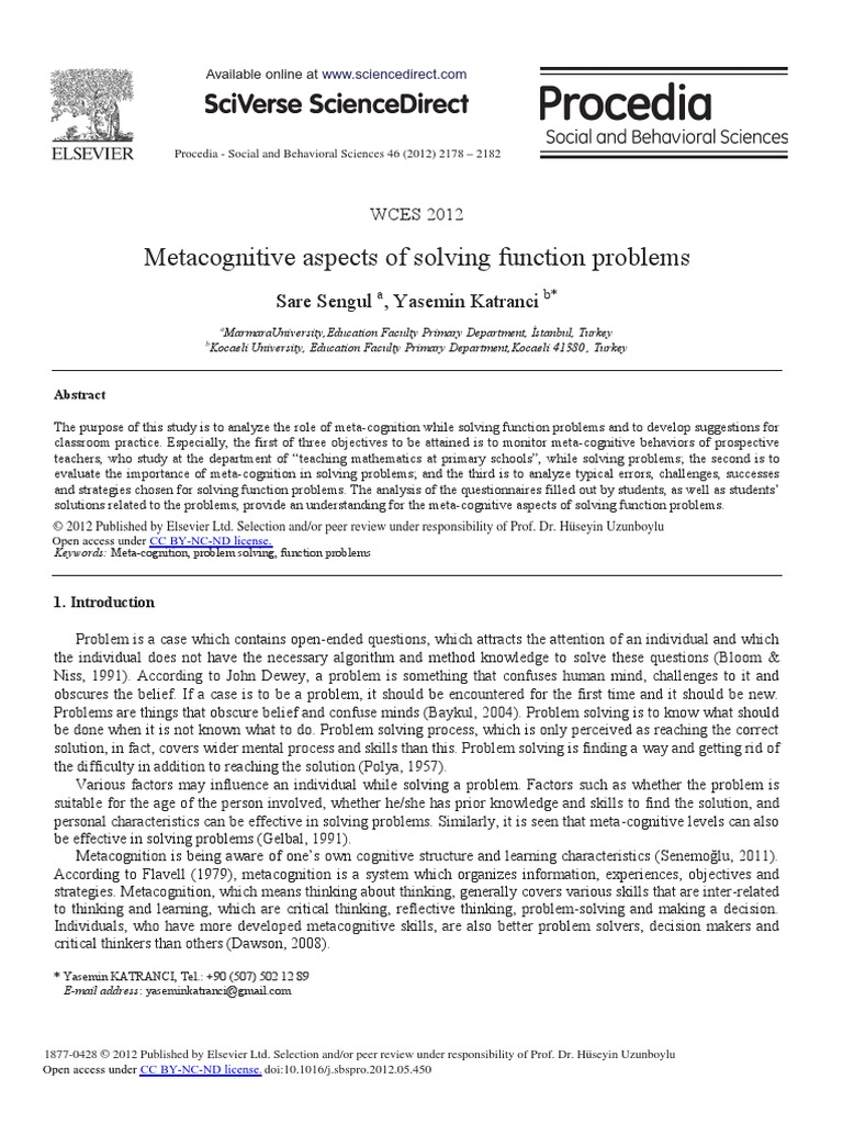 Metacognitive aspects of solving function problems sare sengul