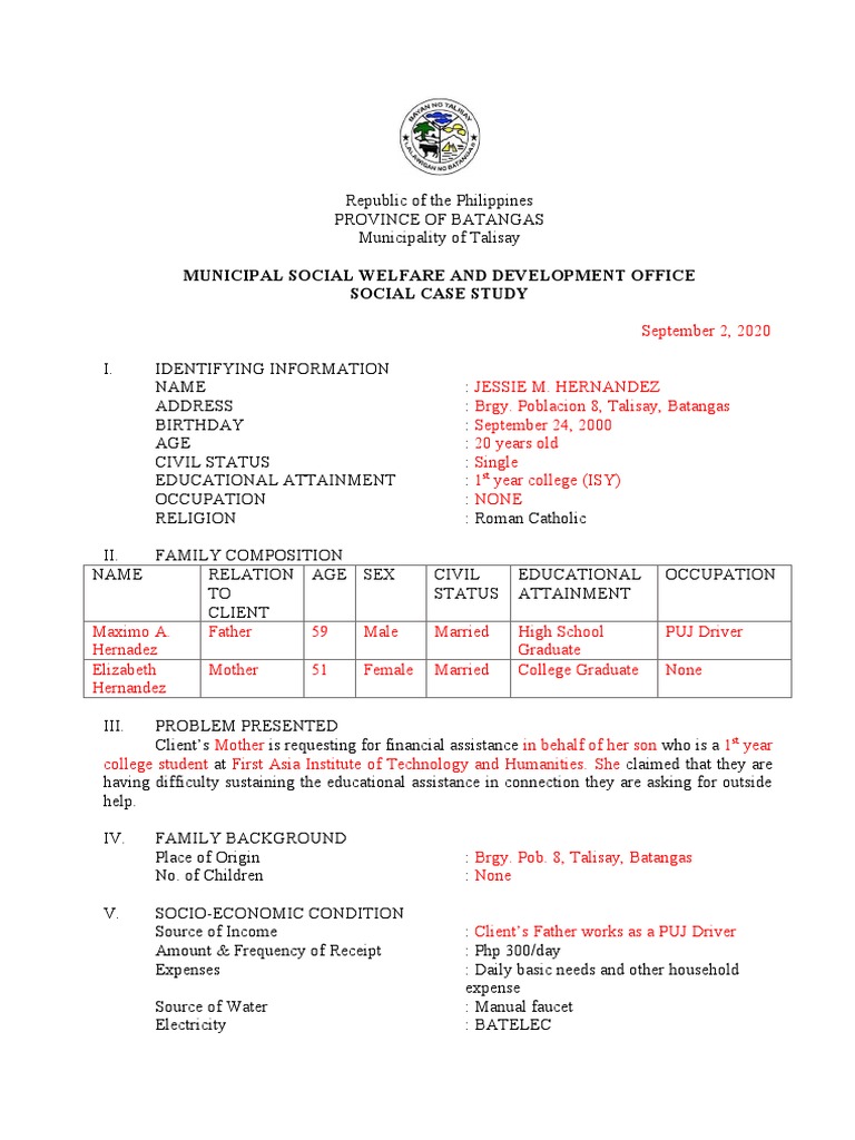 Municipal Social Welfare and Development Office Social Case Study | PDF ...