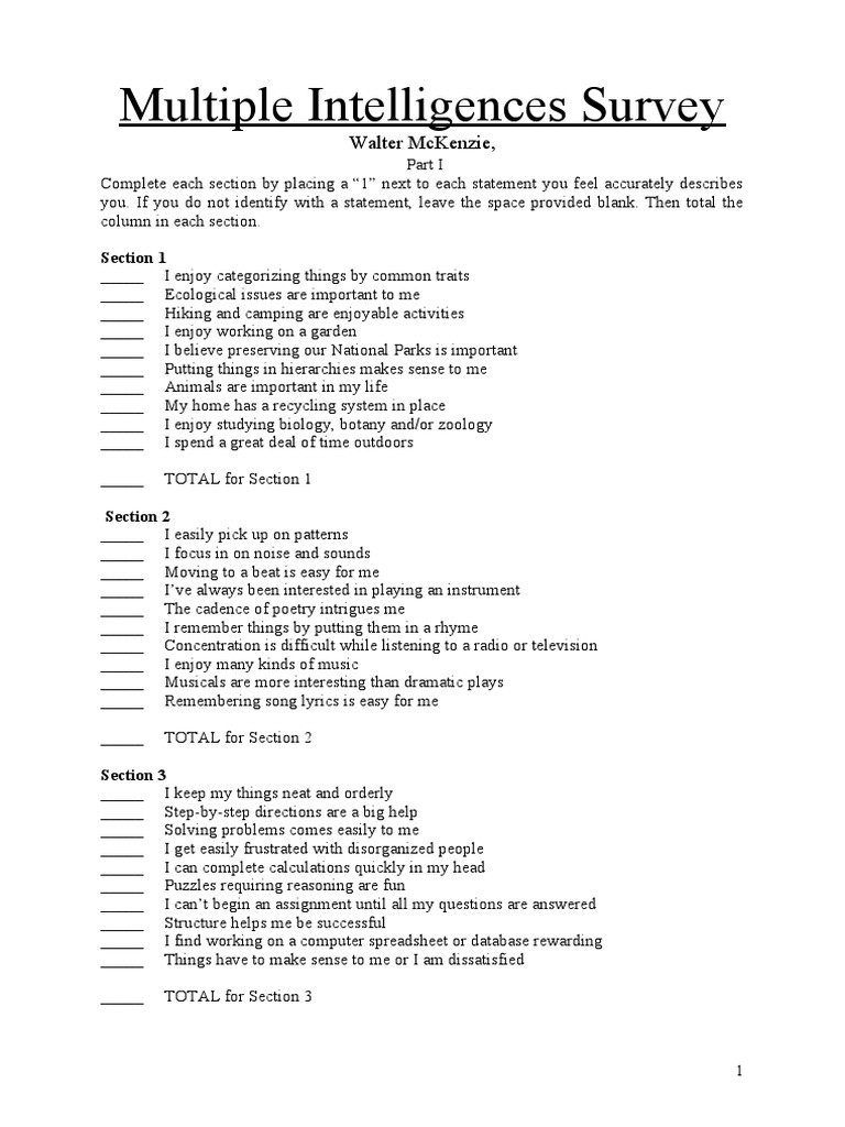 Multiple Intelligences Survey PDF Mind Psychological Concepts