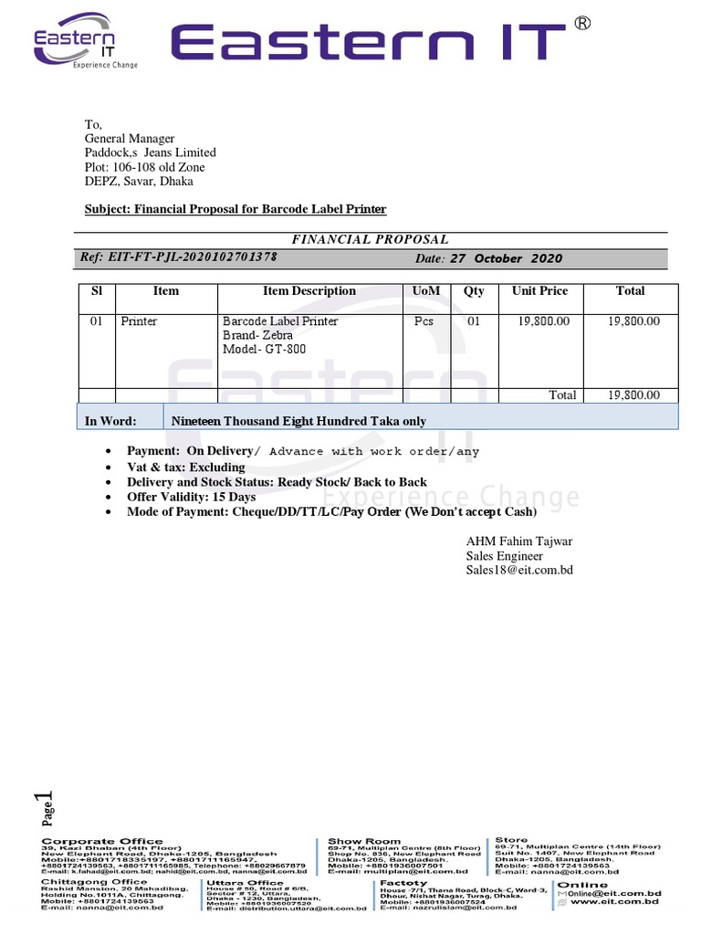 Financial Proposal For Barcode Label Printer | PDF
