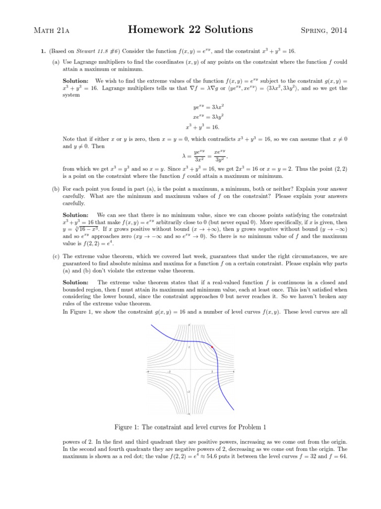 Homework 22 Solutions: Math 21a Spring, 2014 | PDF | Maxima And Minima ...
