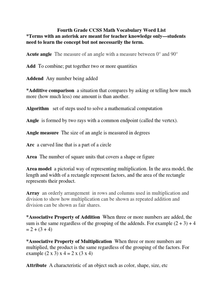 4th grade ccss math vocabulary word list pdf fraction mathematics