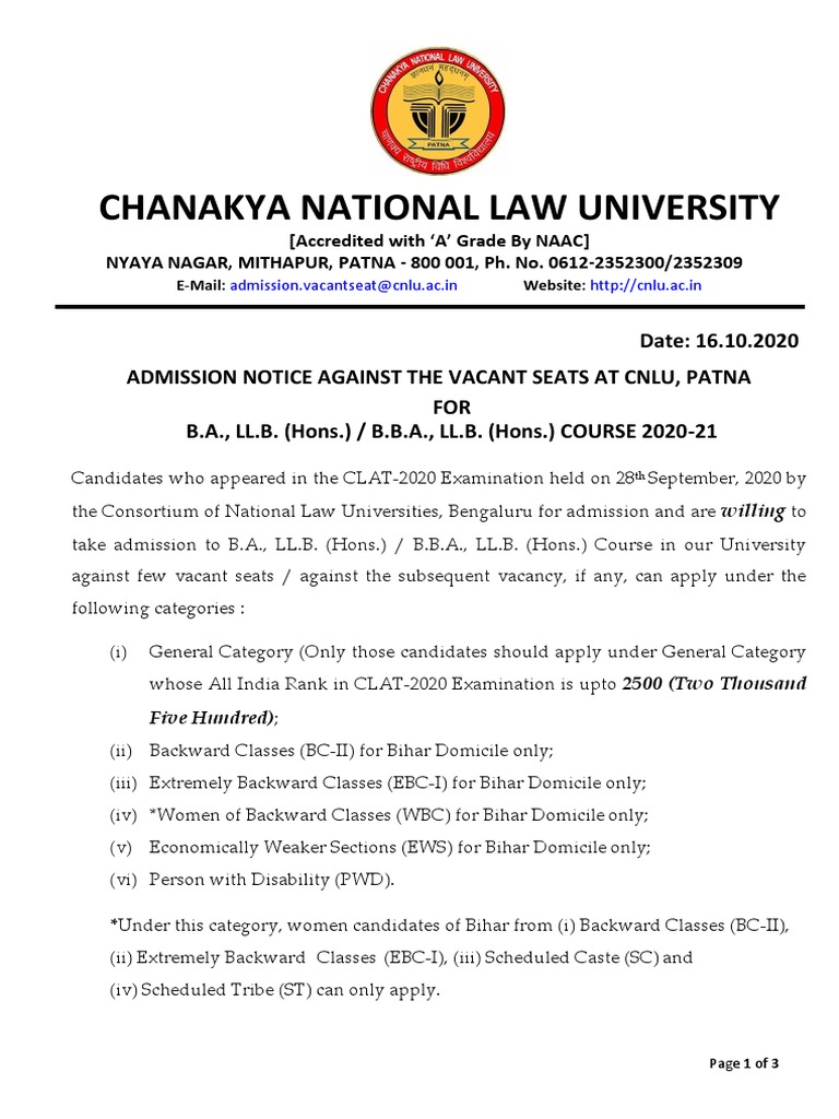 CNLU Patna Admission Notice 2020-21 | PDF | Government | Business