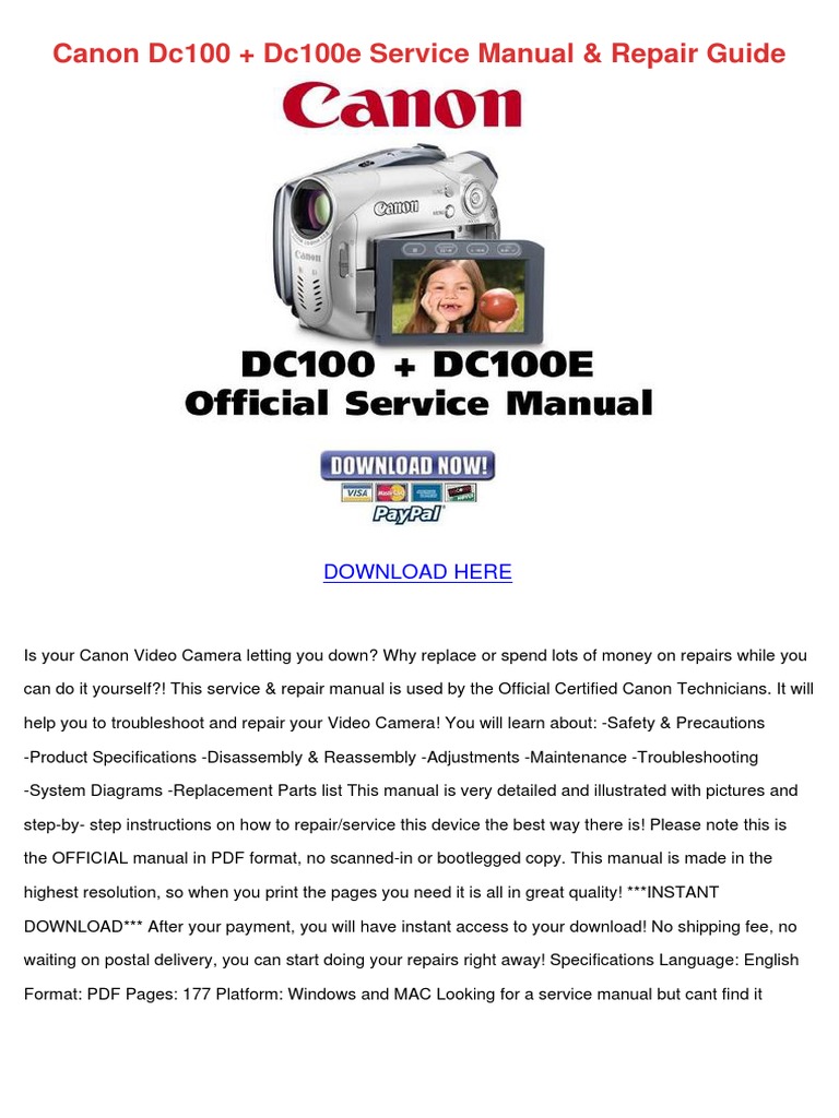 Canon Dc100 + Dc100e Service Manual & Repair Guide Download Here PDF