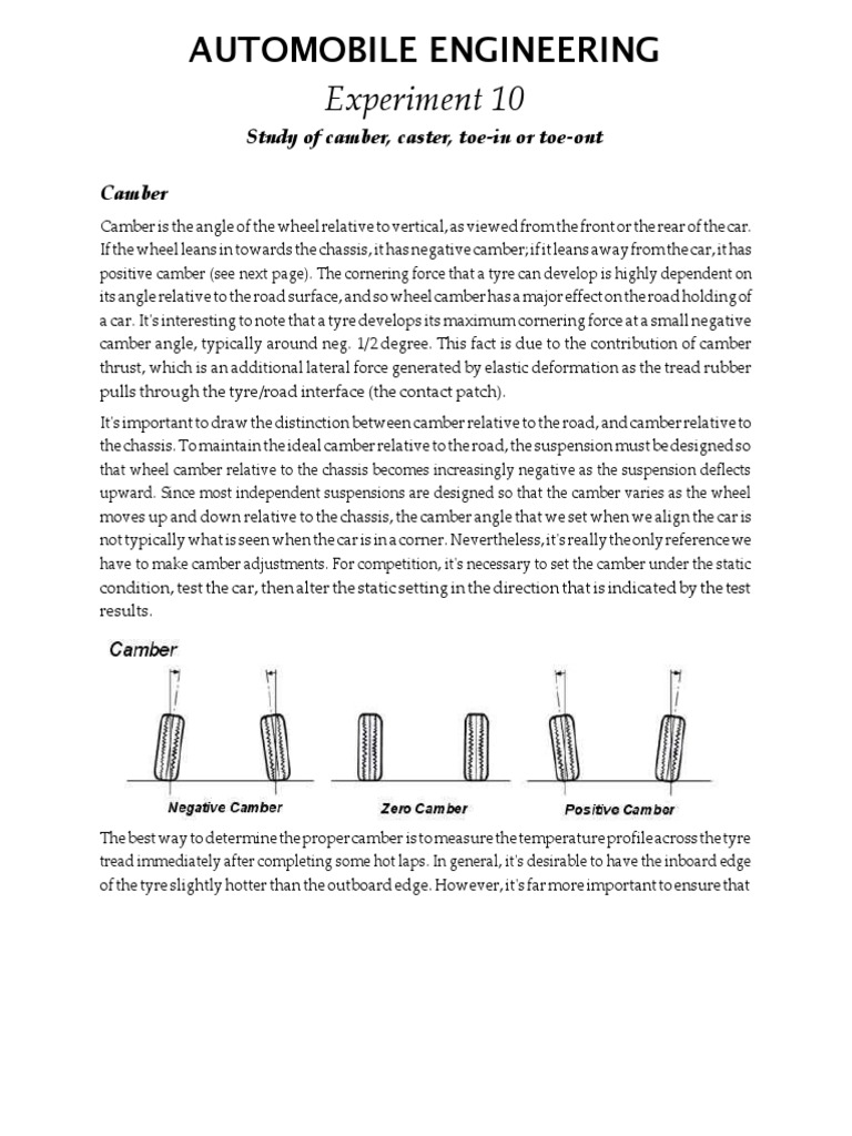 Automobile Engineering Experiment 10 Study of Camber, Caster, ToeIn