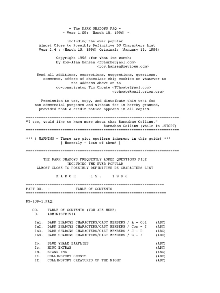 Dark Shadows FAQ | PDF