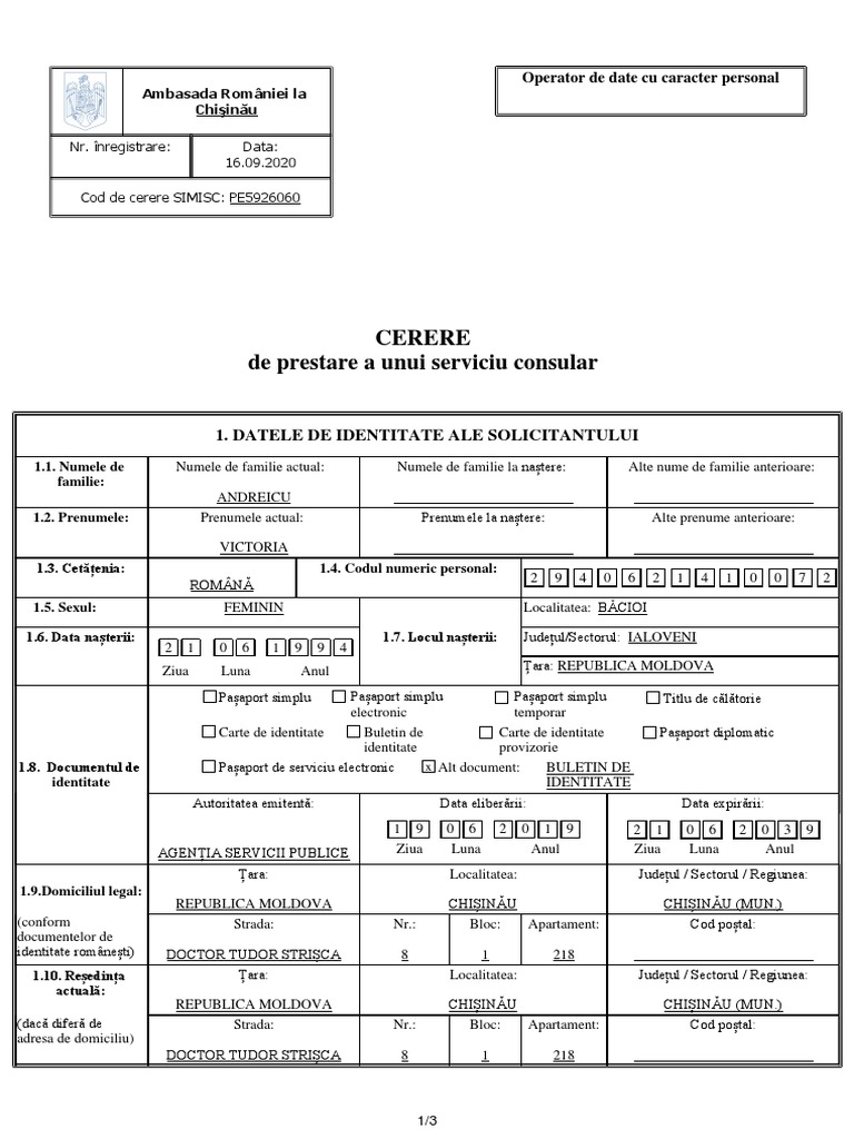 Cerere Servicii Consulare - Înregistrare Naştere | PDF