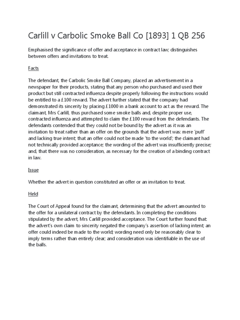 Carlill v Carbolic Smoke Ball Case Summary | PDF | Offer And Acceptance ...