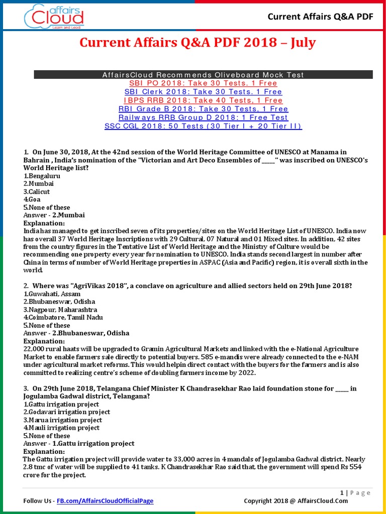 Current affairs q a free pdf july 2018 by affairscloud pdf pdf