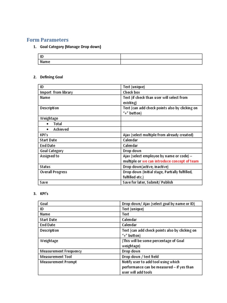 Form Parameters: 1. Goal Category (Manage Drop Down) | PDF | Computing ...