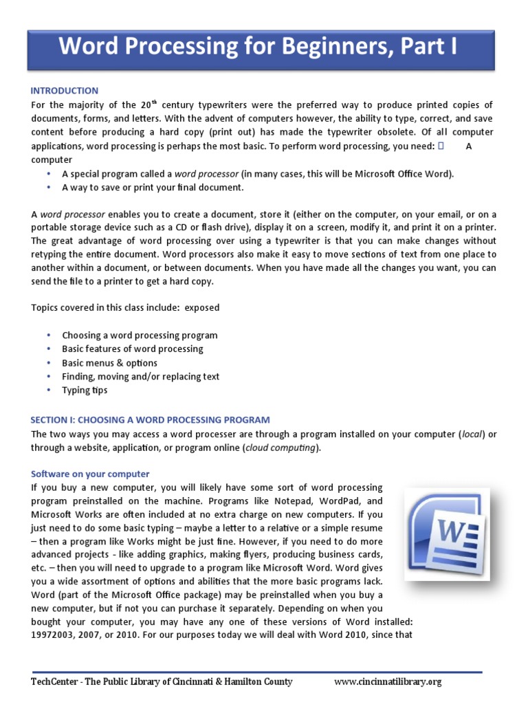 Word Processing For Beginners, Part I: Techcenter - The Public Library ...
