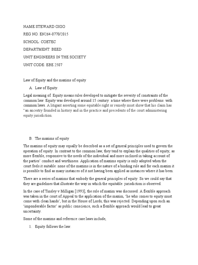 Law of Equity and Maxim Law | PDF | Equity (Law) | Legal Remedy