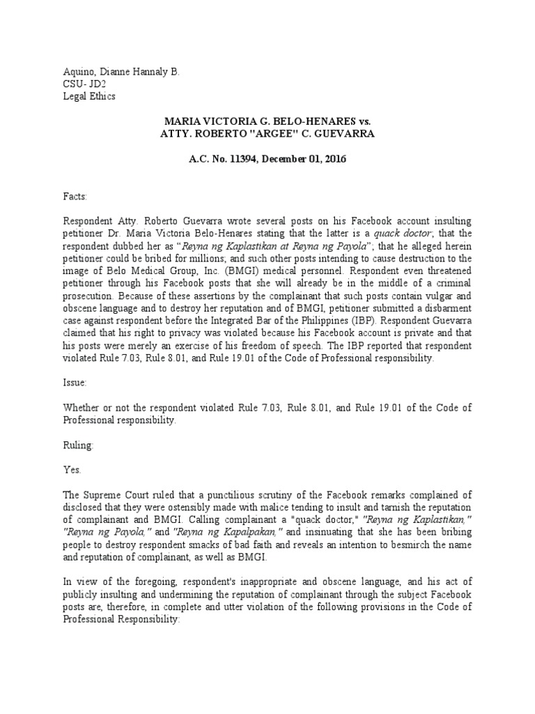 Aquino, Dianne Hannaly B. CsuJd2 Legal Ethics Maria Victoria G. Belo