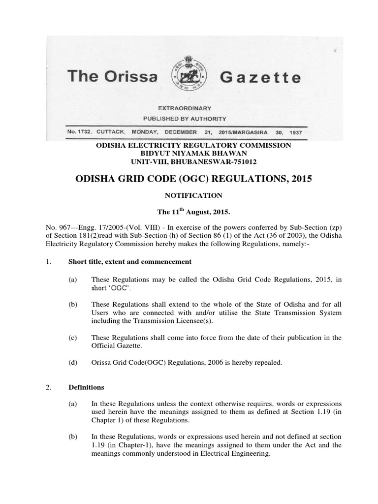 Odisha Grid Code Regulations 2015 | PDF | Electric Power Transmission ...