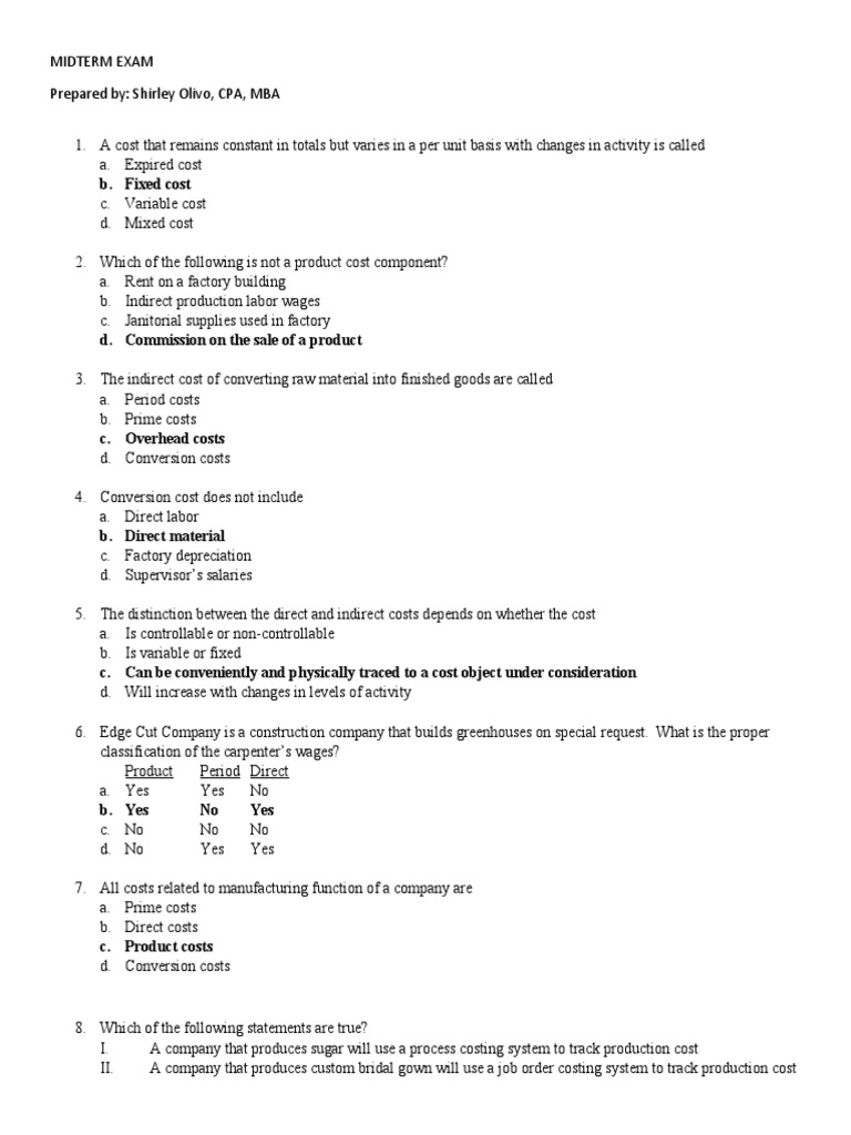 Midterm Exam Cost Of Goods Sold Cost