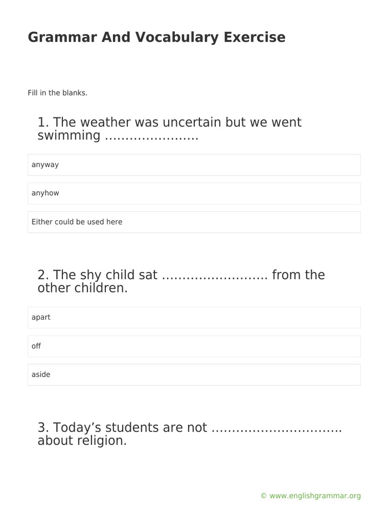 Grammar and Vocabulary Exercises PDF | PDF