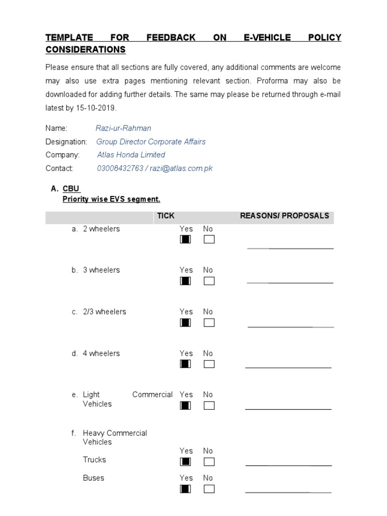 Template For Feedback On E-Vehicle Policy Considerations | PDF ...
