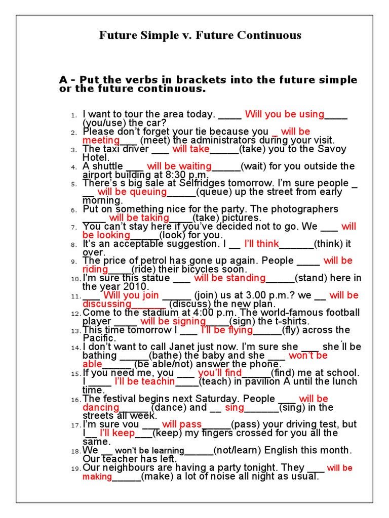 Future Simple vs Continuous Exercises | PDF | Home & Garden | Art