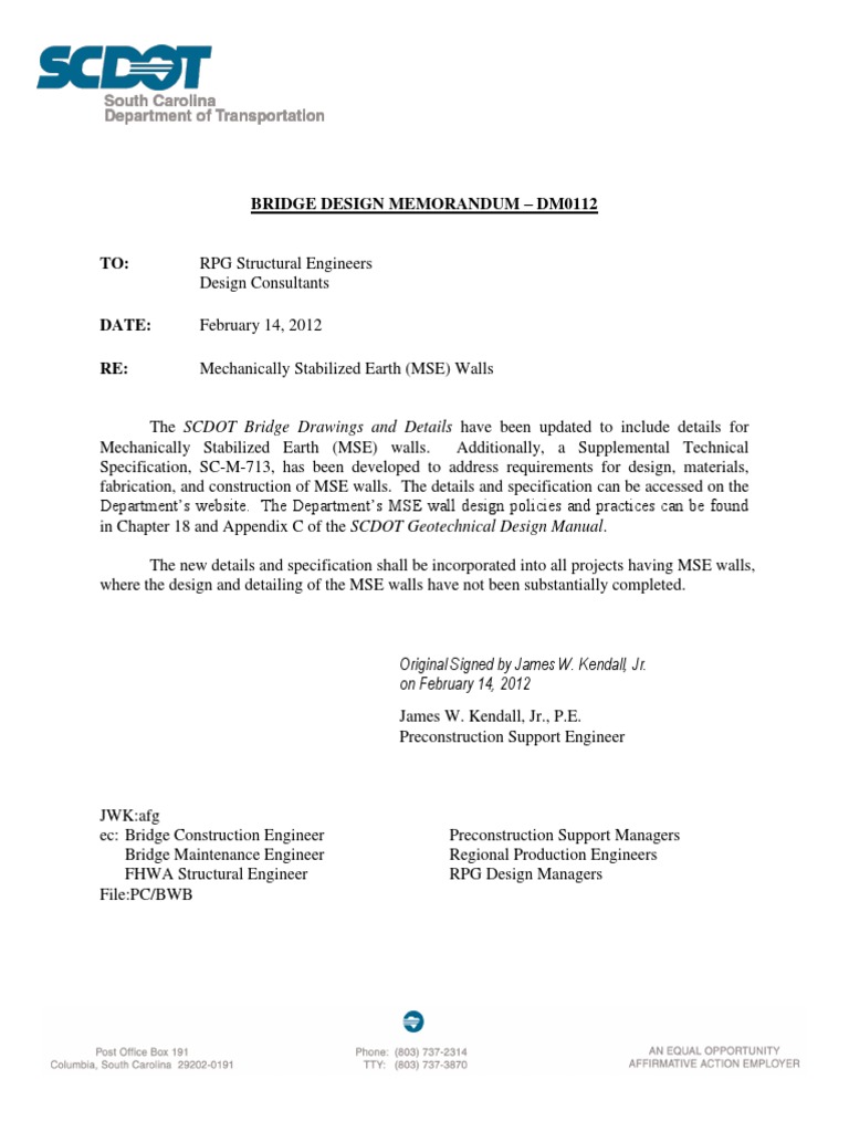 Bridge Design Memorandum - Dm0112: Original Signed by James W. Kendall ...