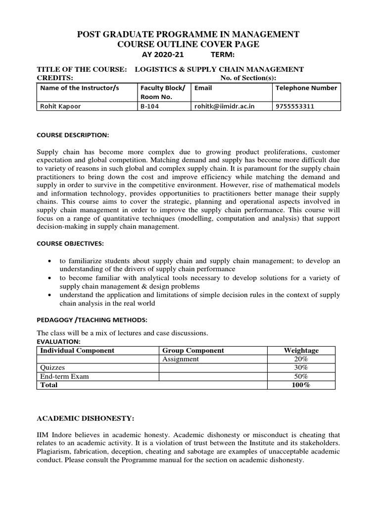 Post Graduate Programme in Management Course Outline Cover Page AY 2020 ...